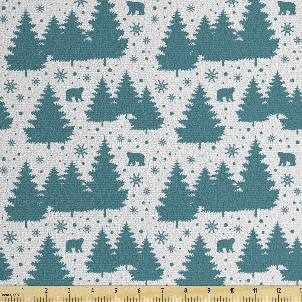 Ambesonne Christmas Faux Suede Fabric by The Yard, Monochrome Winter Season Pine Trees Bears Snowflakes Noel Yule Theme, for Indoor Outdoor DIY Projects Upholstery, 5 Yards, Petrol Blue and White
