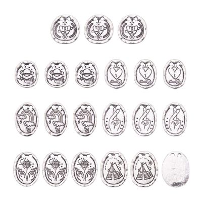 Craftdady 70Pcs Alloy Tibetan Pendant Links 7 Styles 2-Hole Antique Flat Round Oval Charms Connectors with Heart Sun Rainbow Pattern for Jewelry Craft Necklace Bracelet Earring Making