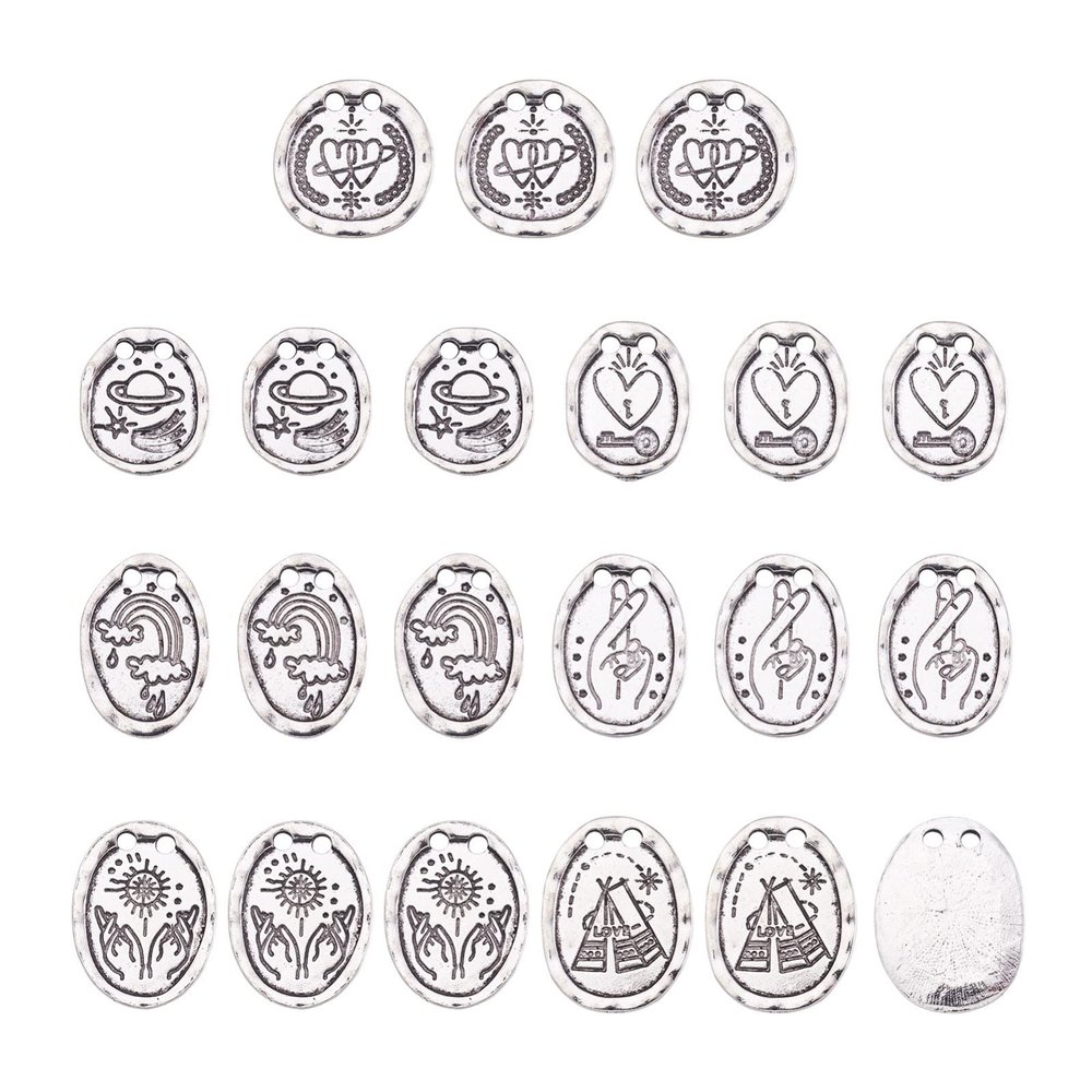 Craftdady 70Pcs Alloy Tibetan Pendant Links 7 Styles 2-Hole Antique Flat Round Oval Charms Connectors with Heart Sun Rainbow Pattern for Jewelry Craft Necklace Bracelet Earring Making