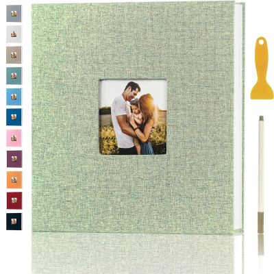 Photo Album Self Adhesive Pages for 4x6 5x7 8x10 Pictures Magnetic Scrapbook Photo Albums with Sticky Pages Books with A Metallic Pen for Baby Wedding Family 11x10.6 GrassGreen 40 Pages