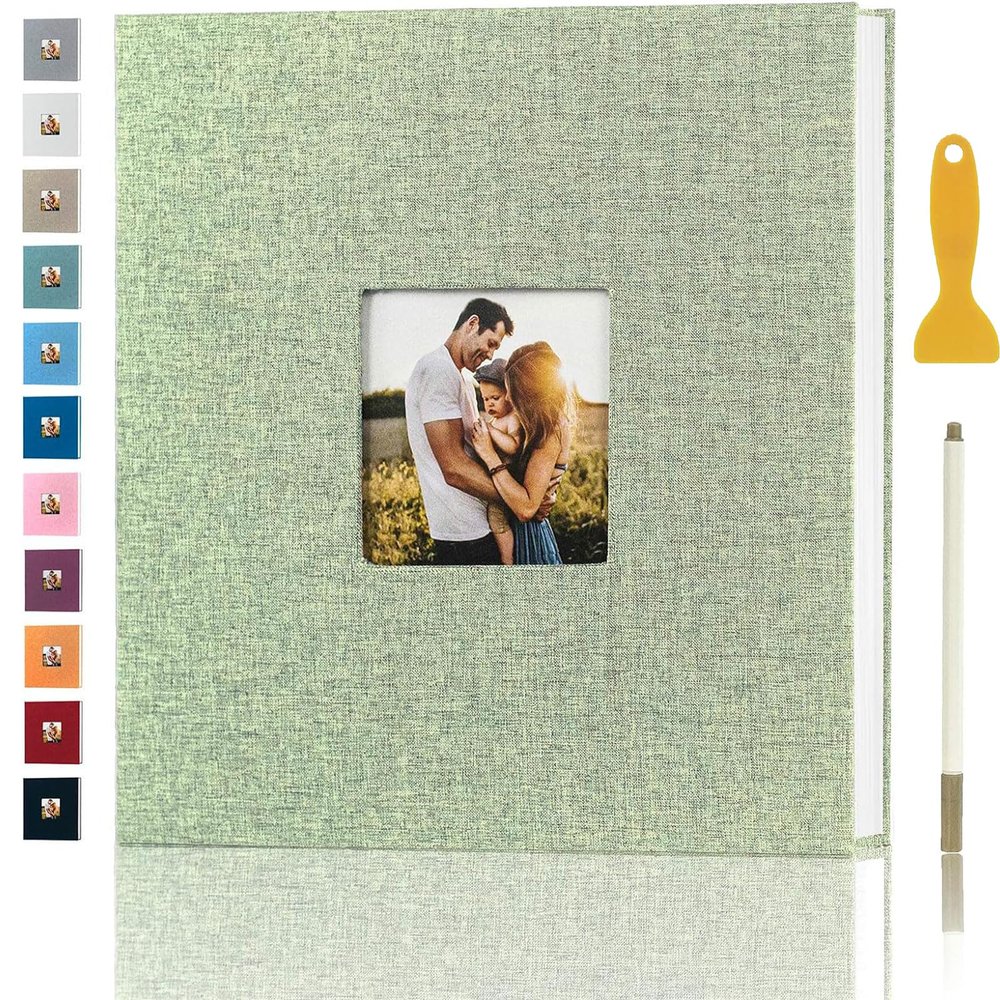 Photo Album Self Adhesive Pages for 4x6 5x7 8x10 Pictures Magnetic Scrapbook Photo Albums with Sticky Pages Books with A Metallic Pen for Baby Wedding Family 11x10.6 GrassGreen 40 Pages