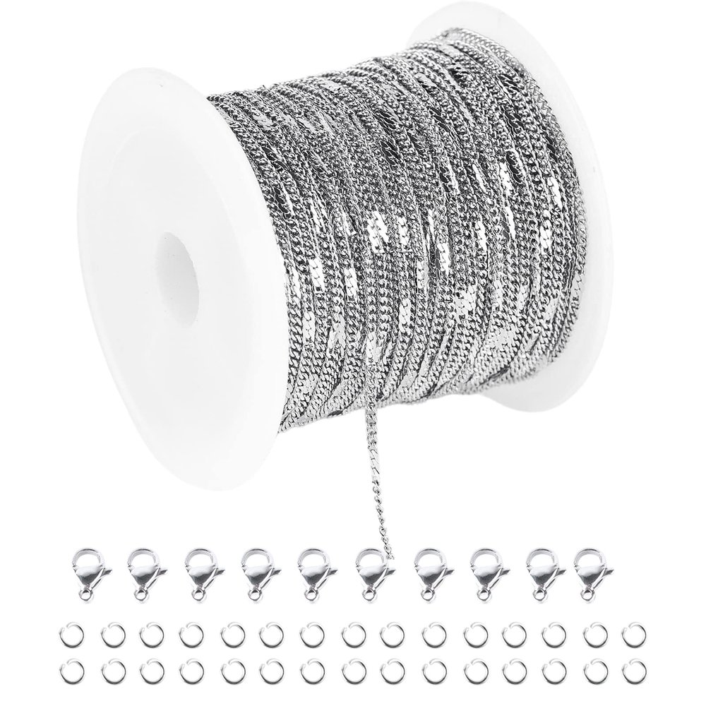 UMAOKANG 33 Feet Silver 316 Stainless Steel Chain for Jewelry Making, Twisted Curb Link Chain Bulk with Jump Rings Lobster Clasps for Necklace Bracelet Making DIY Accessories