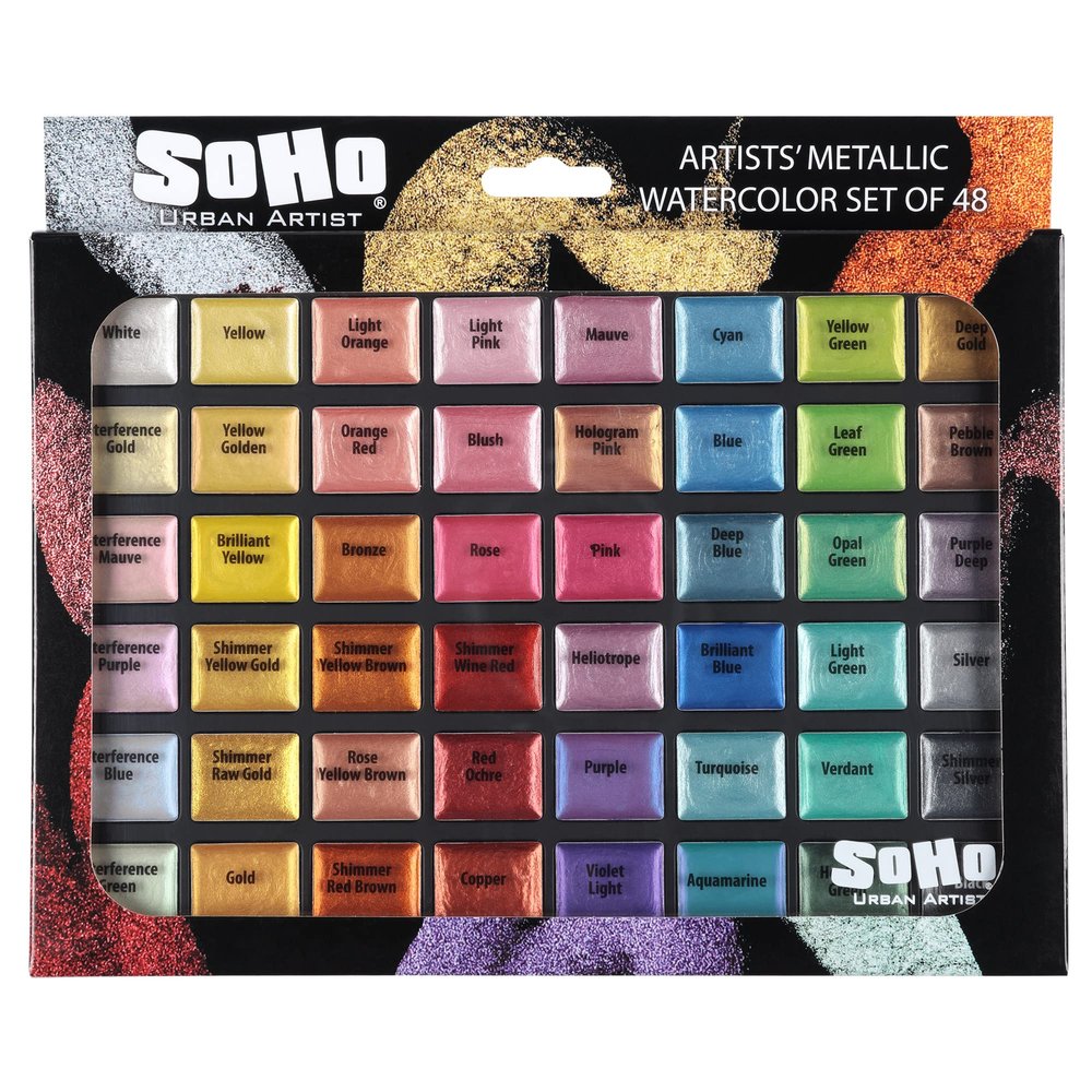 Soho Urban Artist Metallic Watercolors Set 48 Vibrant Metallic Half Pans in Travel Case Professional Shimmer Watercolor Paint Set for Artists, Crafters & Mixed Media
