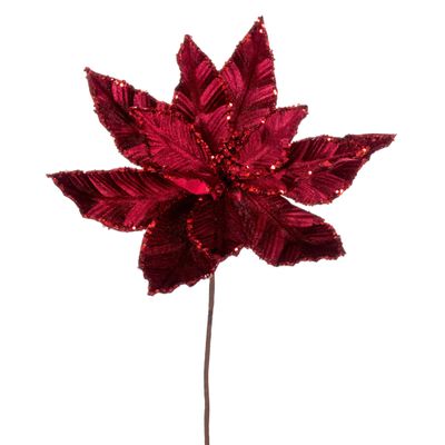 Vickerman 24" Burgundy Velvet Sequin Trim Poinsettia Pick, Durable Polyester with Velvety Texture, 12" Flower Head Diameter, Includes 3 Pieces for Holiday Tree or Table Centerpiece