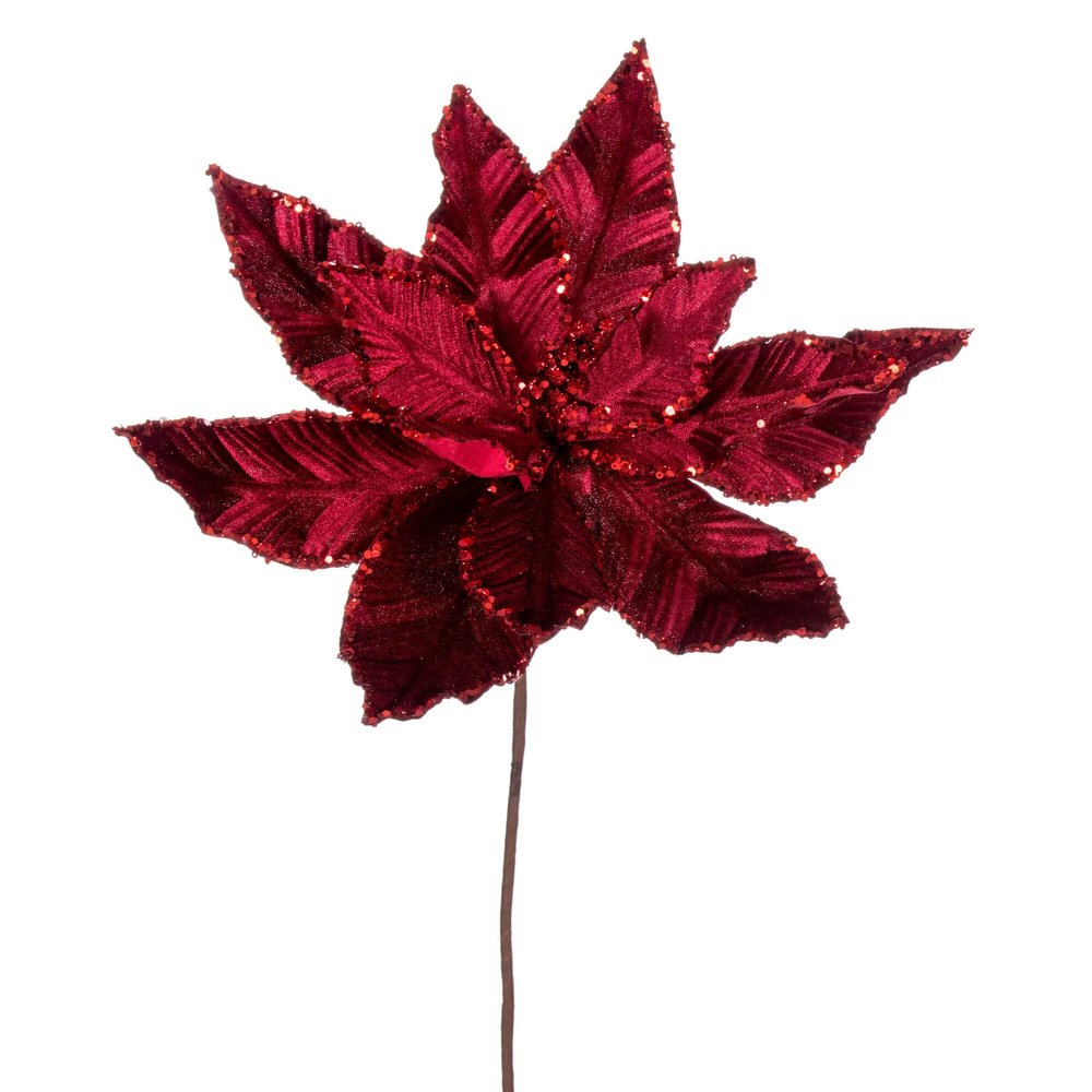 Vickerman 24" Burgundy Velvet Sequin Trim Poinsettia Pick, Durable Polyester with Velvety Texture, 12" Flower Head Diameter, Includes 3 Pieces for Holiday Tree or Table Centerpiece