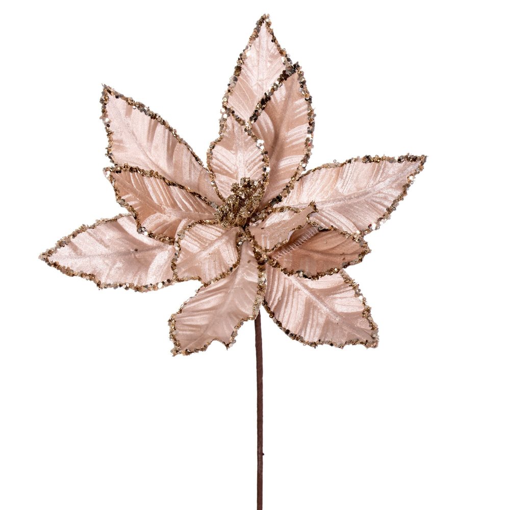 Vickerman 24" Champagne Velvet Sequin Trim Poinsettia Pick, Durable Polyester with Velvety Texture, 12" Flower Head Diameter, Includes 3 Pieces for Holiday Tree or Table Centerpiece