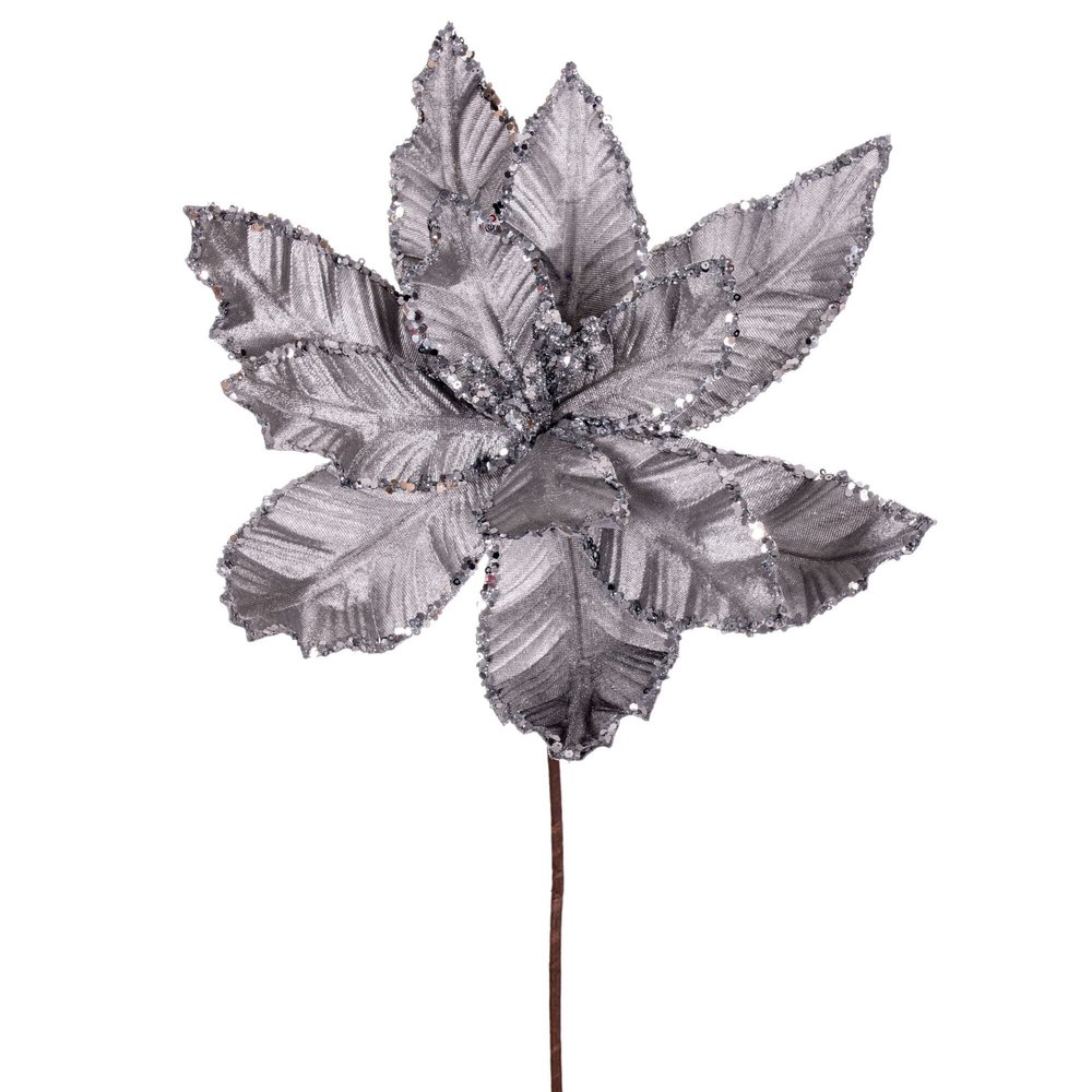 Vickerman 24" Silver Velvet Sequin Trim Poinsettia Pick, Durable Polyester with Velvety Texture, 12" Flower Head Diameter, Perfect for Holiday Tree or Table Centerpiece, Includes 3 Pieces in a Bag