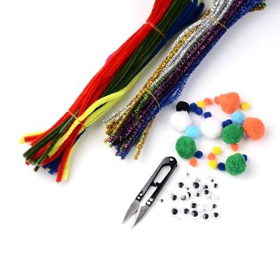 Boutigem 100Pcs Colorful Pipe Cleaners Christmas Tinsel Chenille Stem Wobbly Eye Plastic Cabochons Mixed Round Wool Pom Pom Ball Steel Scissors DIY Jewelry Set