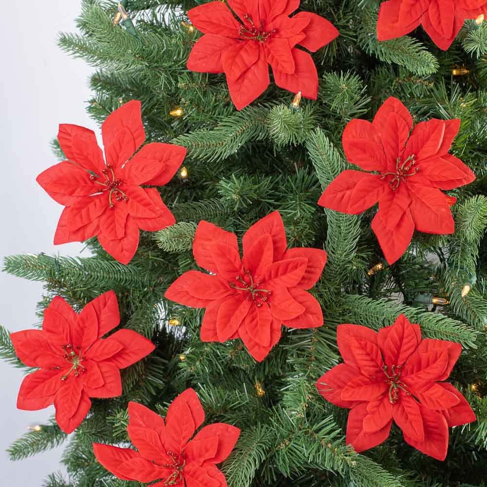 Case of 100 Artificial Red Poinsettia Floral Picks - Red Christmas Flowers for Christmas Tree Decorations and Holiday Craft Decorating (6 Inches Dia)