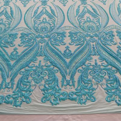 New Creations Empire Damask Design with Sequins Embroider On A 4 Way Stretch Mesh Fabric By The Yard (Aqua Mint on Mint Mesh)