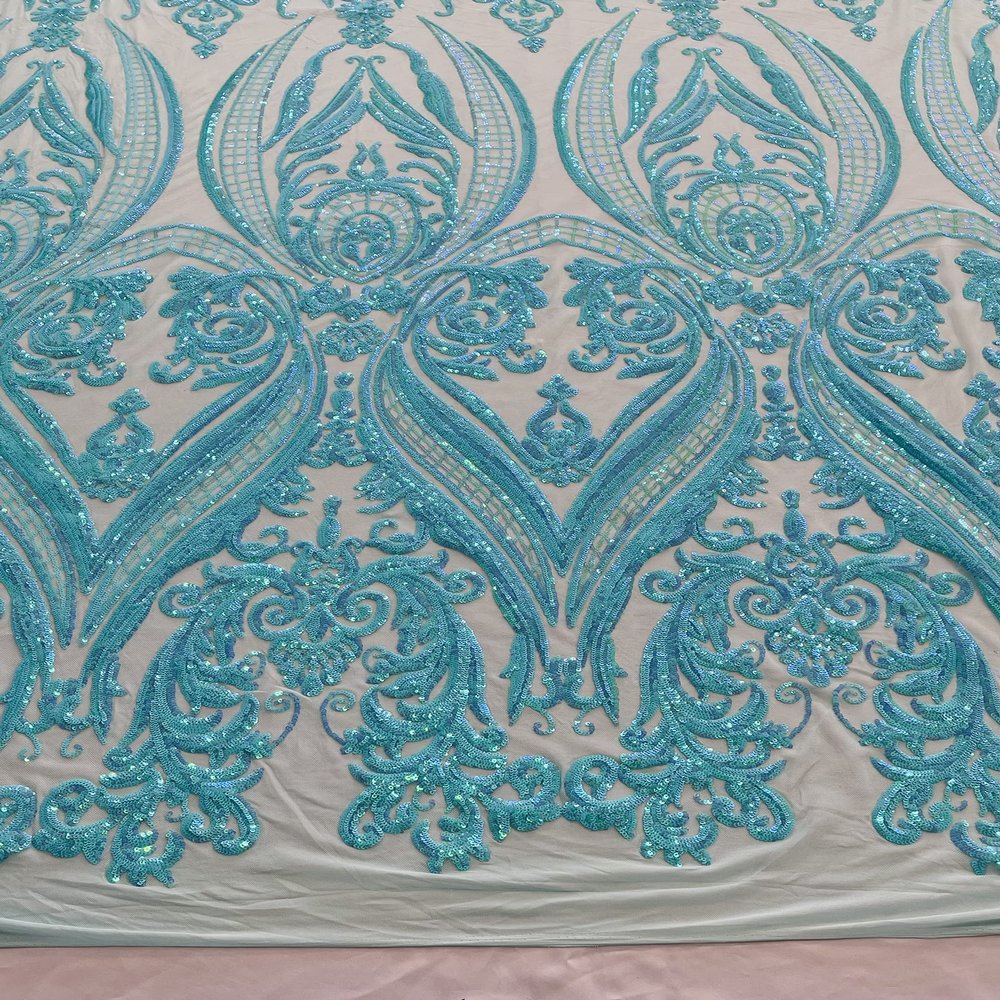 New Creations Empire Damask Design with Sequins Embroider On A 4 Way Stretch Mesh Fabric By The Yard (Aqua Mint on Mint Mesh)