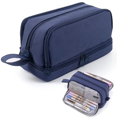 MAMUNU Large Capacity Pencil Case 4 Compartments, Pencil Pouch Bag with Zipper Portable Handle, Pen Case Bag Stationery Organizer for Office College School Adults Teen Girls Boys Men Women, Dark Blue