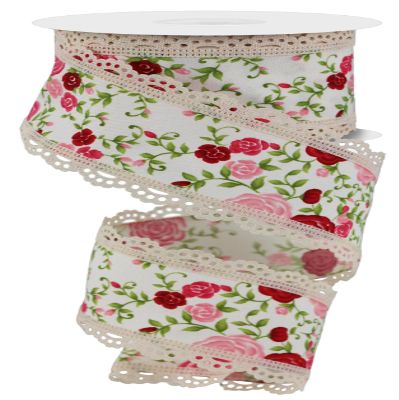 RG Ribbon Cottage Roses with Scalloped Lace and Wired Edges - Ivory, Pink, Red, Green, 2.5" Wide x 10 Yards - for Bows, Wreaths, Crafts and Decorations