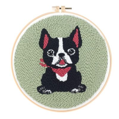 Boston Terrier Dog Punch Needle Starter Kits for Beginner Cartoon Pattern Printed Embroidery Kit Yarn DIY Easy Punch Hoop for Adults Kids Craft Home Ornament Decoration 20x20cm