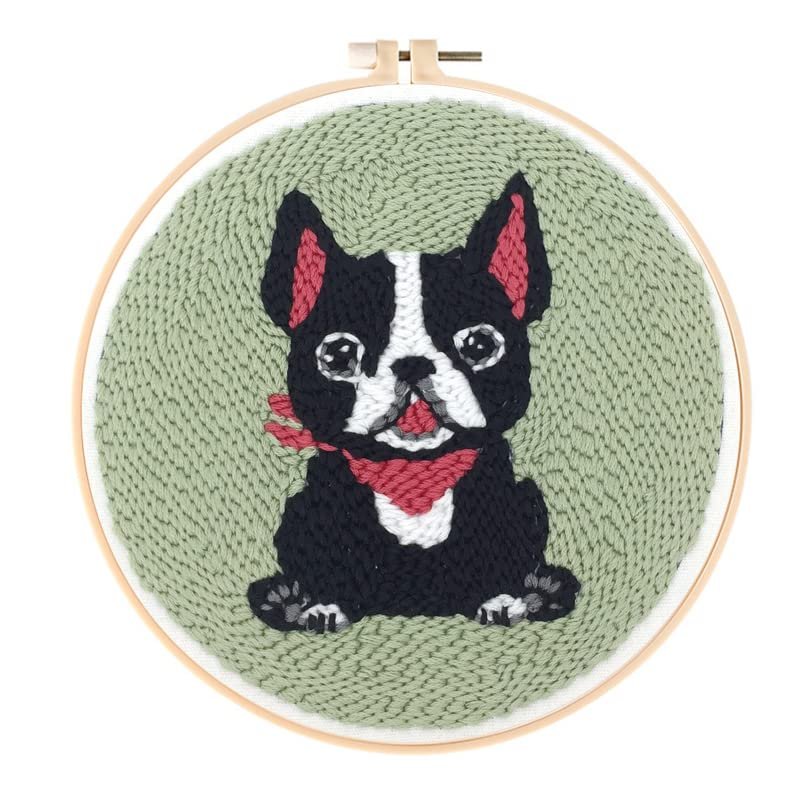 Boston Terrier Dog Punch Needle Starter Kits for Beginner Cartoon Pattern Printed Embroidery Kit Yarn DIY Easy Punch Hoop for Adults Kids Craft Home Ornament Decoration 20x20cm