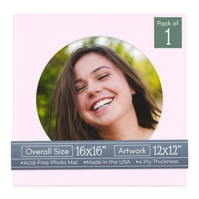 CountryArtHouse Soft Pink Acid Free 16x16 Circle Picture Frame Mat with White Core Bevel Cut for 12x12 Pictures - Fits 16x16 Frame - Pack of 1 Matboard