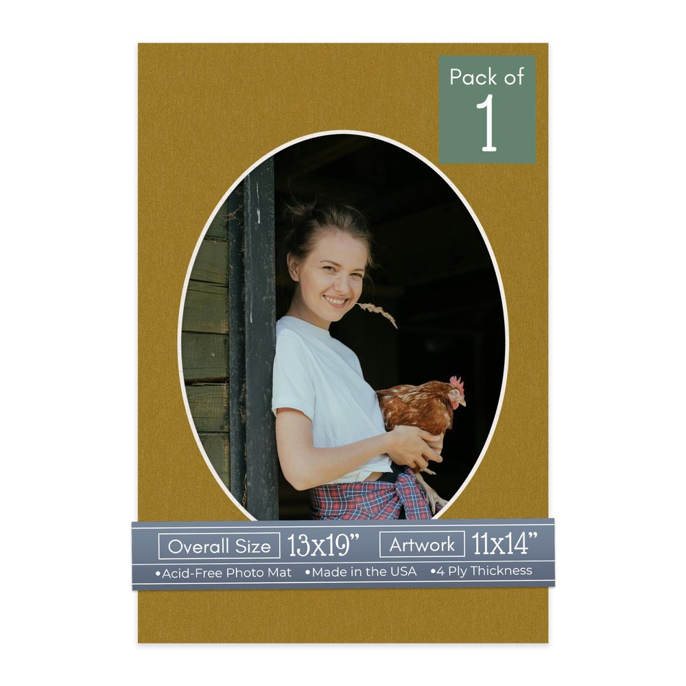 CountryArtHouse Metallic Gold Acid Free 13x19 Oval Picture Frame Mat with White Core Bevel Cut for 11x14 Pictures - Fits 13x19 Frame - Pack of 1 Matboard