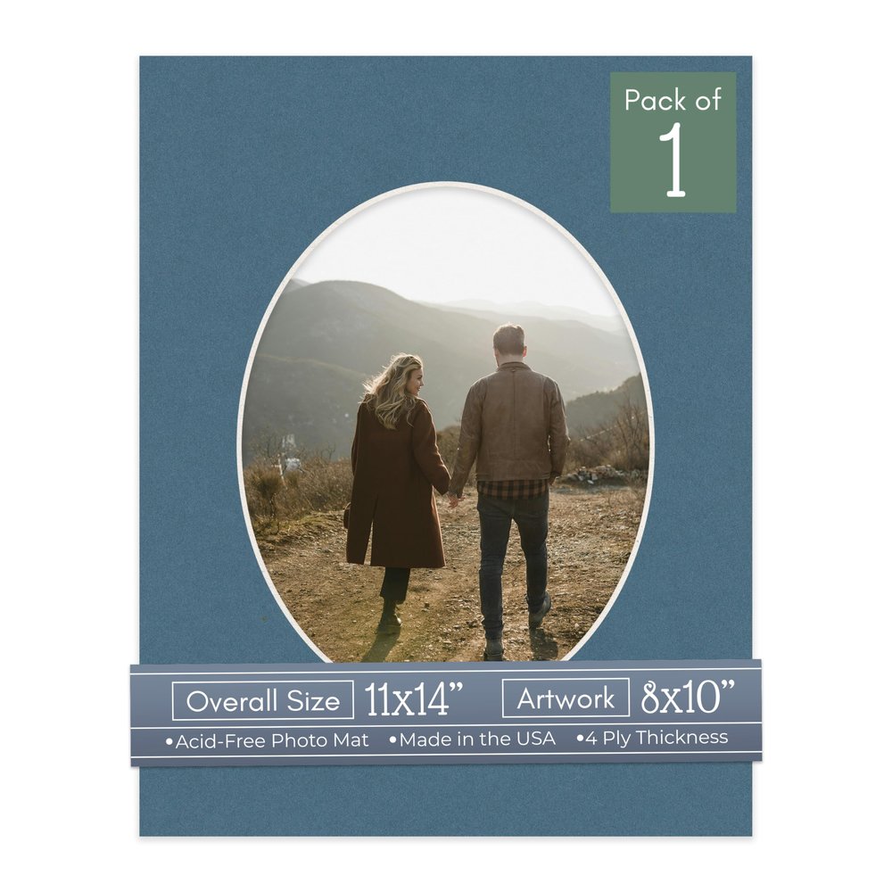 CountryArtHouse Steel Blue Acid Free 11x14 Oval Picture Frame Mat with White Core Bevel Cut for 8x10 Pictures - Fits 11x14 Frame - Pack of 1 Matboard