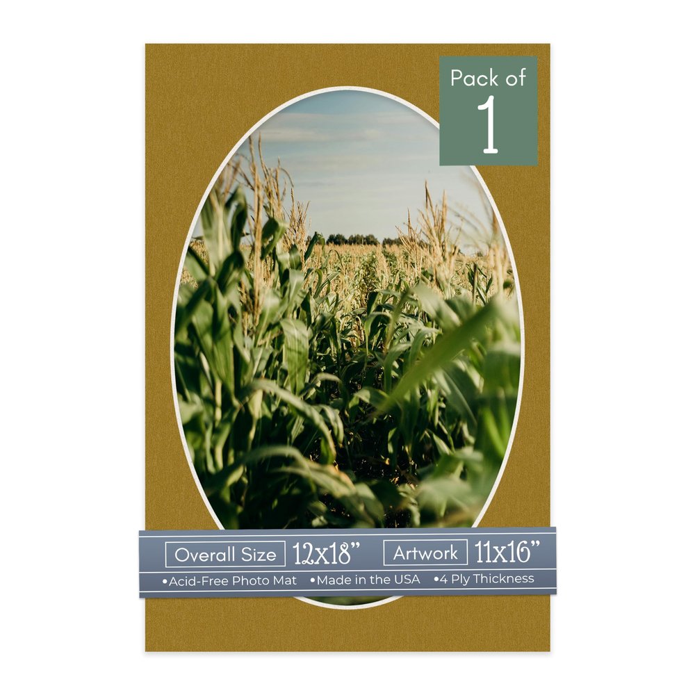 CountryArtHouse Metallic Gold Acid Free 12x18 Oval Picture Frame Mat with White Core Bevel Cut for 11x16 Pictures - Fits 12x18 Frame - Pack of 1 Matboard