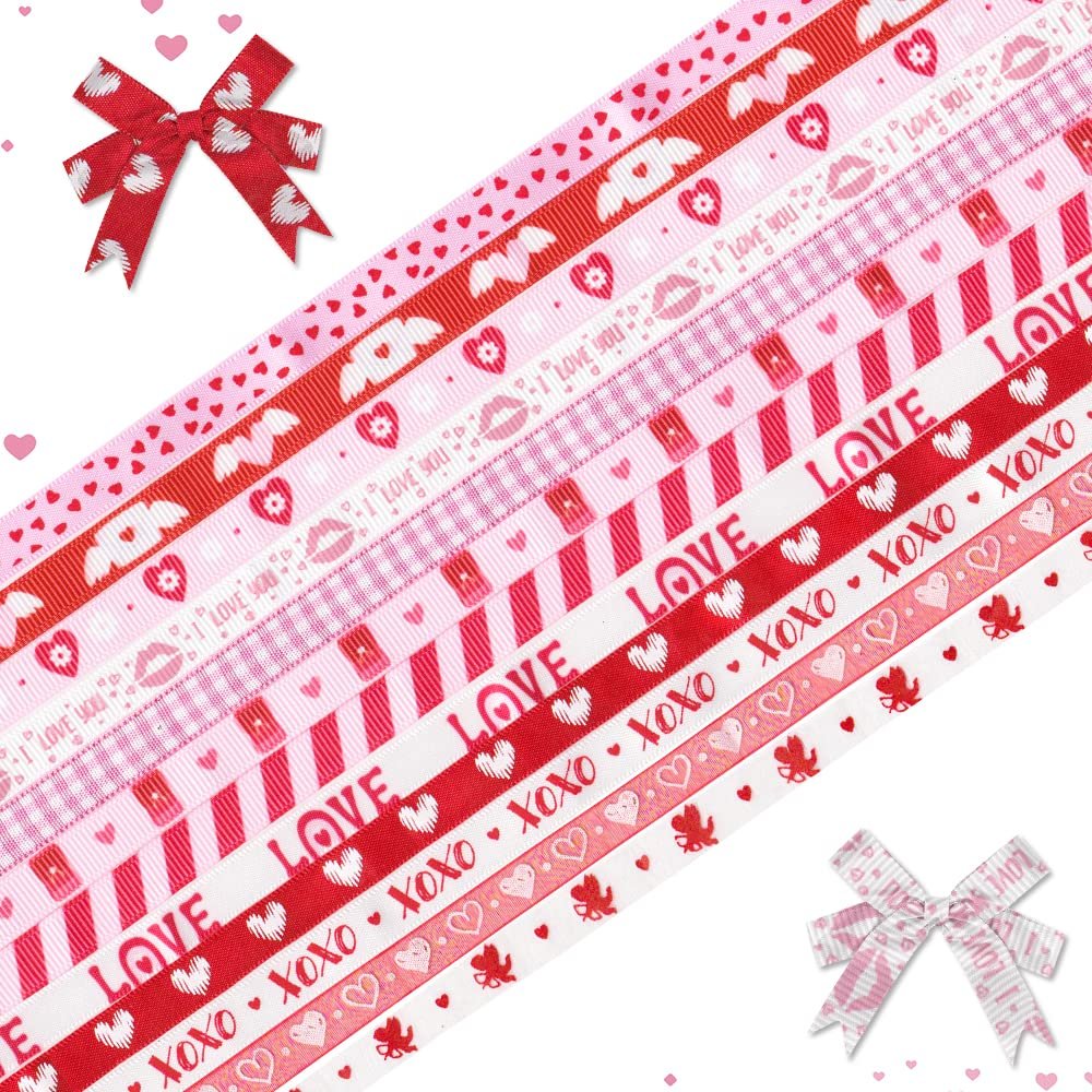 12 Yards Valentine Ribbons Red Pink Ribbons Love Cupid Decorative Grosgrain Ribbon XOXO Heart Valentine's Day Organza Ribbons 3/8" Wide for Gift Wrapping DIY Crafts Valentine Anniversary Party