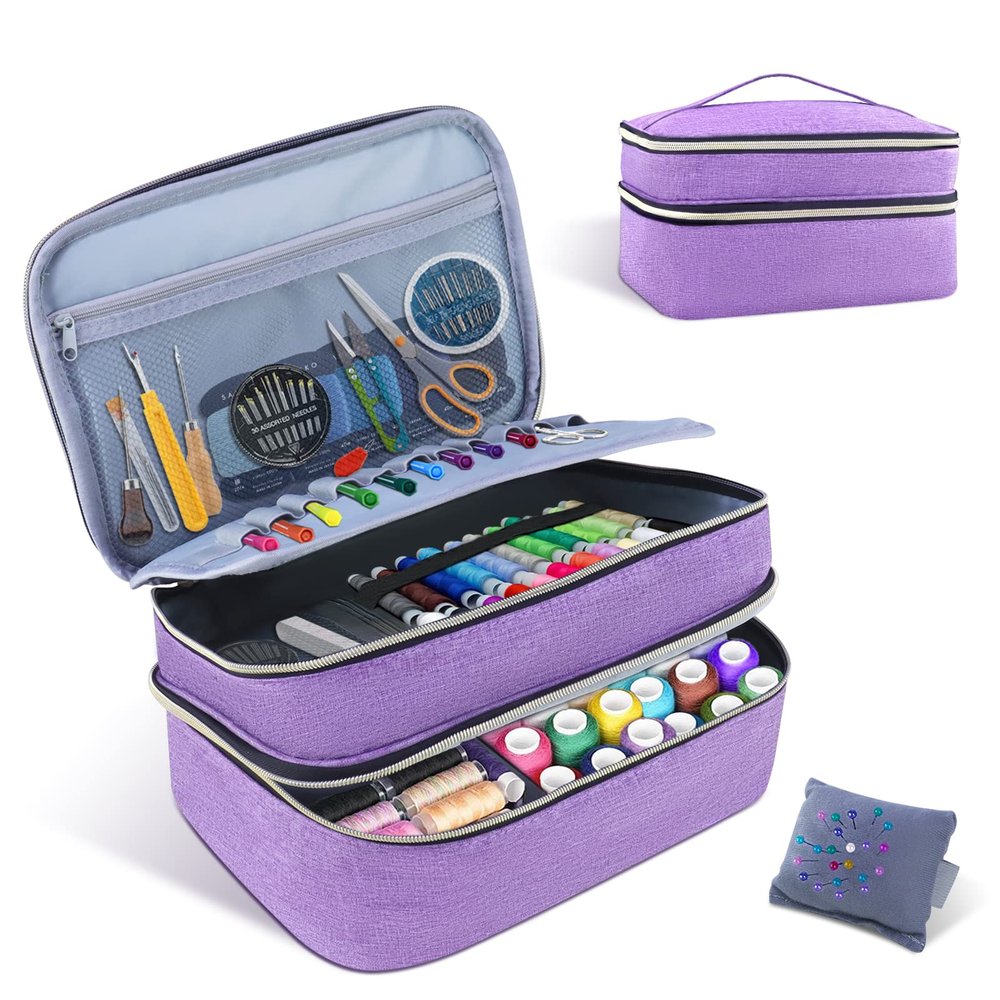 Sewing Organizer Bag - 11.5"x8"x6" Double-Layer Sewing Box with Storage for Scissors, Thread, Pins, Needles, Clips (Purple)