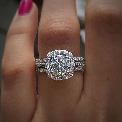 Koguxuix Fashion Jewelry 925 Sterling Silver Shiny Full Diamond Ring Round Cubic Zirconia Anniversary Promise Cocktail Ring CZ Diamond Multi Row Ring Eternity Engagement Wedding Band Ring (Size 6)