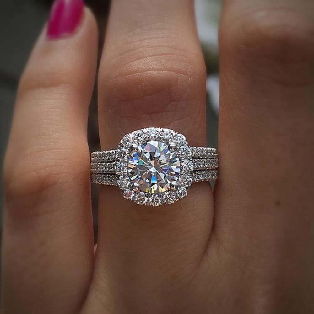 Koguxuix Fashion Jewelry 925 Sterling Silver Shiny Full Diamond Ring Round Cubic Zirconia Anniversary Promise Cocktail Ring CZ Diamond Multi Row Ring Eternity Engagement Wedding Band Ring (Size 6)
