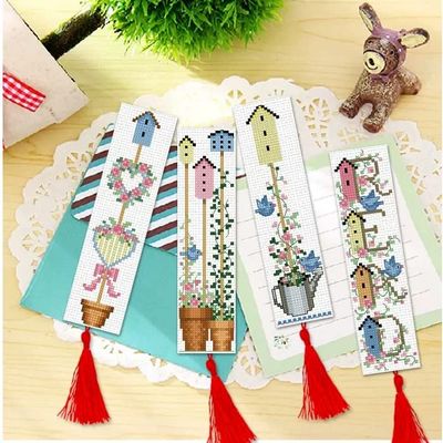 4Pack DIY Blank Canvas Bookmarks Bird House Flower Heart-Shape Garland Counted Cross Stitch Kits for Adult Kids Beginner Embroidery Crafts Needlework Bookmark for Student Gift Book Decor 20x6cm