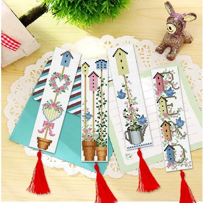 4Pack DIY Blank Canvas Bookmarks Bird House Flower Heart-Shape Garland Counted Cross Stitch Kits for Adult Kids Beginner Embroidery Crafts Needlework Bookmark for Student Gift Book Decor 20x6cm