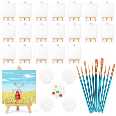 20 Pack 4x4 in Mini Canvases, Small Painting Canvas Panel with Mini Easel, Art Canvas Painting Kit with 10 Brushes & 5 Paint Tray for Acrylic Pouring Oil Water Color Gift