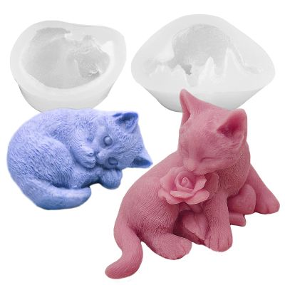 2Pcs Silicone Cat Mold 3D Cat Rose Soap Mold Silicone Molds for Candle Soap Making Cat Resin Candle Molds Cute Animal Epoxy Casting Plaster Concrete Mould DIY Art Crafts Kit Home Decor