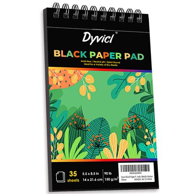 Dyvicl Professional Black Paper Sketchbook 5.5"x8.5" - 35 Sheets 150GSM Heavyweight Drawing Paper for White Gel Pens, Colored Pencils, Pastel, Spiral Sketch Pad for Artists