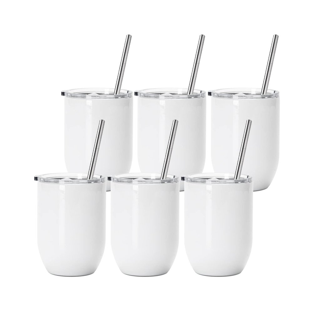 PYD Life 6 Pack Sublimation Blanks Wine Tumblers Straight Bulk 15 OZ Glossy White with Leakproof Lid and Straw Stainless Steel for Tumbler Heat Press Sublimation Oven Printing