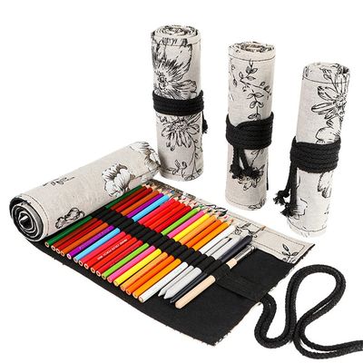 DIYOMR 24/36/72 Slots Pencil Wrap Pencil Rolls, Artist Colored Pencils Roll Up Bag Short Brushes Pouch Case Pencils Organizer for Drawing Coloring and Sketching (Peony Flower, 36slots)