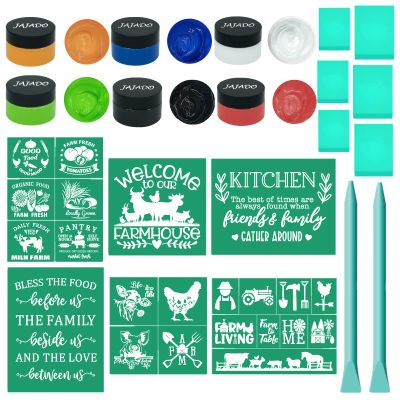 JAJADO Self-Adhesive Silk Screen Stencils Farmhouse Chalk Paste Starter Kits 20 Pcs, Mesh Transfers Chalk Paste Paint for Stencil Painting on Wood DIY T-Shirt Porch Sign Farmhosue Decoration
