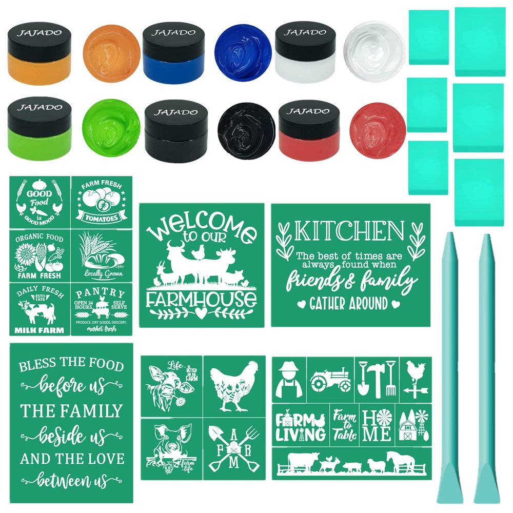 JAJADO Self-Adhesive Silk Screen Stencils Farmhouse Chalk Paste Starter Kits 20 Pcs, Mesh Transfers Chalk Paste Paint for Stencil Painting on Wood DIY T-Shirt Porch Sign Farmhosue Decoration