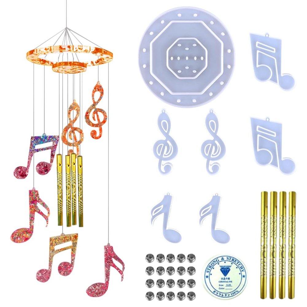 DeryArcle 32Pcs Wind Chimes Resin Molds, Music Note Epoxy Resin Mould Wind Bell Silicone Mold Pendant Casting Moulds for DIY Key Chain Necklace Crafts Ornament Home Garden Wall Hanging Decoration