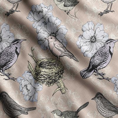 Soimoi Bird & Flowers Print - Brown, Premium Cotton Cambric Fabric - Medium Weight Material for Quilting, Kurtis, Blouse, Kids Clothing, Tunic, Curtains - 42" Inch Wide, 1 Yard