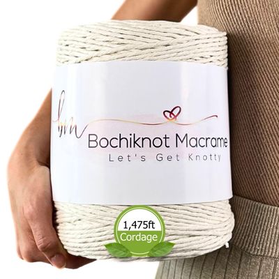BOCHIKNOT Bulk Macrame Cord 4mm x 495yds - Single Strand Cotton Rope for Wall Hanging Plant Hanger - Crafts (Natural)