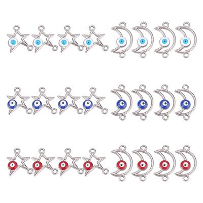 DICOSMETIC 24Pcs 6 Styles Enamel Evil Eye Charm Evil Eye Connector Devil's Blue Pupil Link Charm Hollowed Moon Charm Star Connectors Pendant for Bracelet Necklace Jewellery, Hole: 1.6/1.8mm