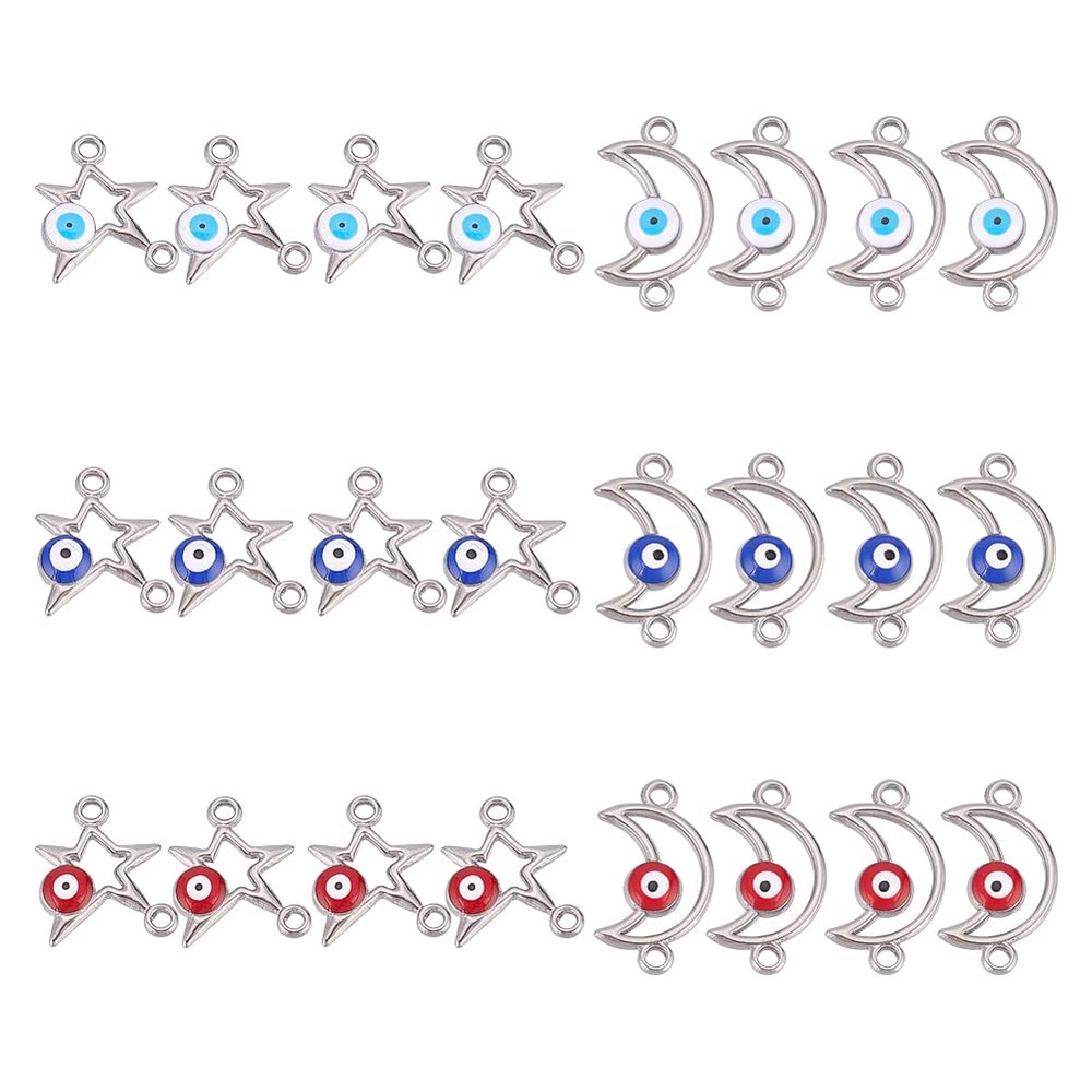 DICOSMETIC 24Pcs 6 Styles Enamel Evil Eye Charm Evil Eye Connector Devil's Blue Pupil Link Charm Hollowed Moon Charm Star Connectors Pendant for Bracelet Necklace Jewellery, Hole: 1.6/1.8mm