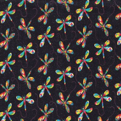 Dragonflies Rainbow with Glitter On Black Cotton Fabric Fabric Traditions