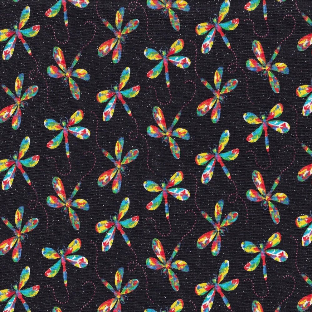 Dragonflies Rainbow with Glitter On Black Cotton Fabric Fabric Traditions
