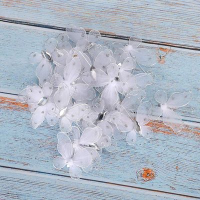 30pcs Organza Butterfly, 3D Butterfly Appliques Rhinestone Glitter Butterfly Embellishments for Ribbon Flowers Bows Craft Wedding Ornament Appliques Wedding Decorations(White)