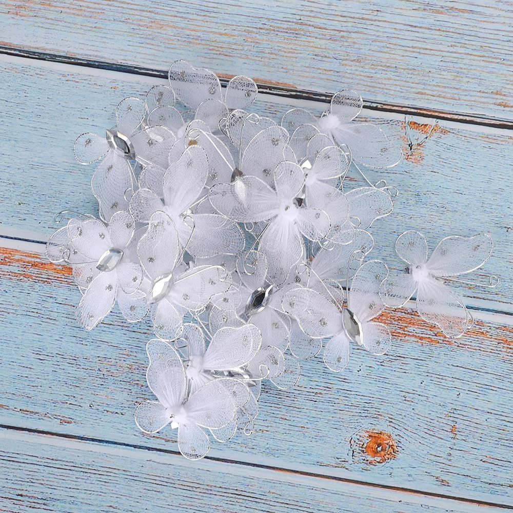 30pcs Organza Butterfly, 3D Butterfly Appliques Rhinestone Glitter Butterfly Embellishments for Ribbon Flowers Bows Craft Wedding Ornament Appliques Wedding Decorations(White)