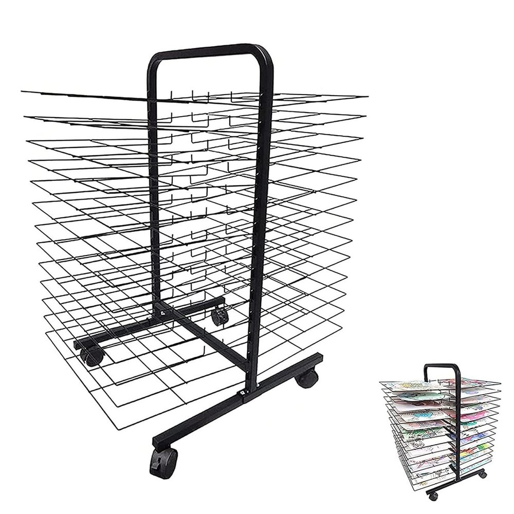 Art Drying Rack, Back-to-Back Double-Sided 13-Shelf Mobile Art Drying Rack with 26 Wire Shelves Multi-Purpose Kids Art Station/Easel, Black Powder Coated Finish, Ideal for Schools and Art Clubs