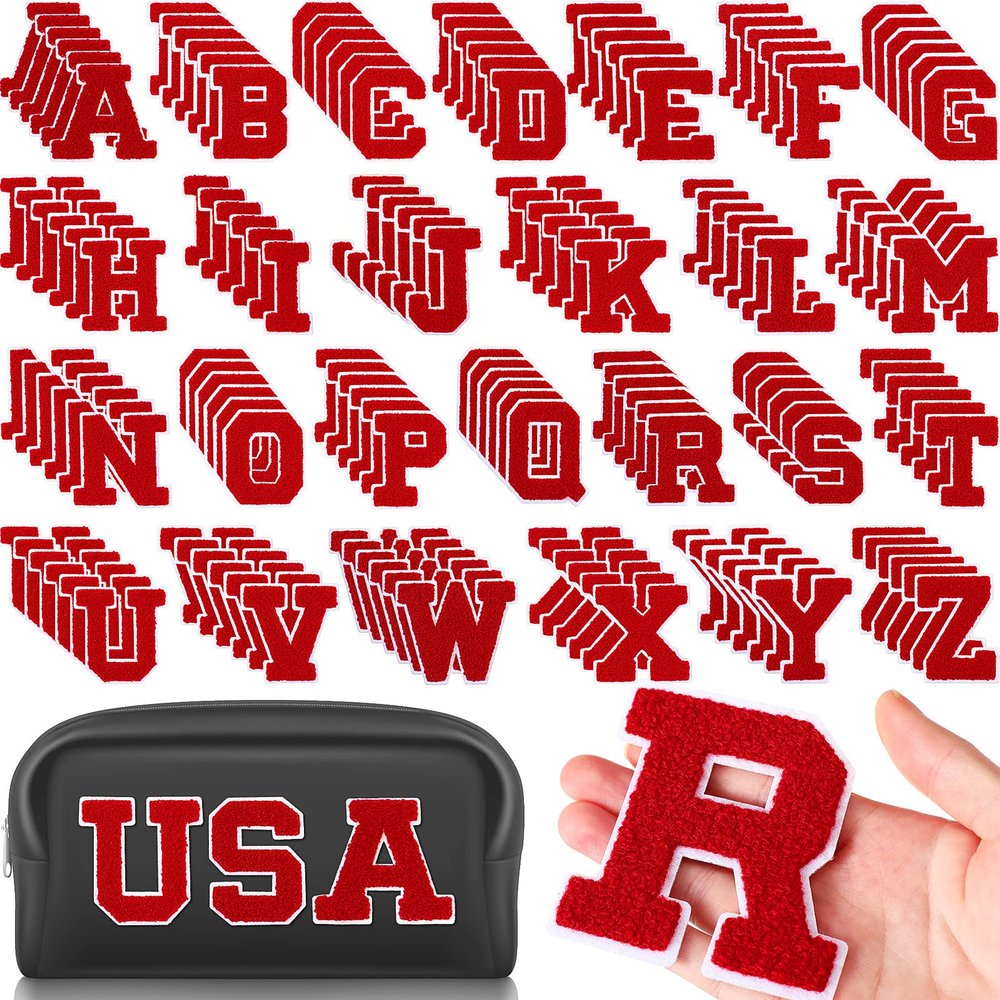 Jutom 156 Pieces Chenille Letter Patches Iron on Bulk Large 3.2 h x 2.4 w College Letters Patches Clothing Embroidered Trimmed Preppy Alphabet for Letterman Jackets Jeans (Red)