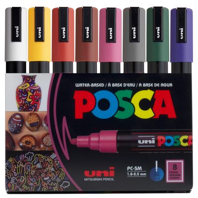 Posca Markers Set, 8 Medium Paint Markers 5M Dark Tones White, Ochre, Ruby Red, Cacao Brown, Raspberry, Deep Grey, English Green, Prussian Blue