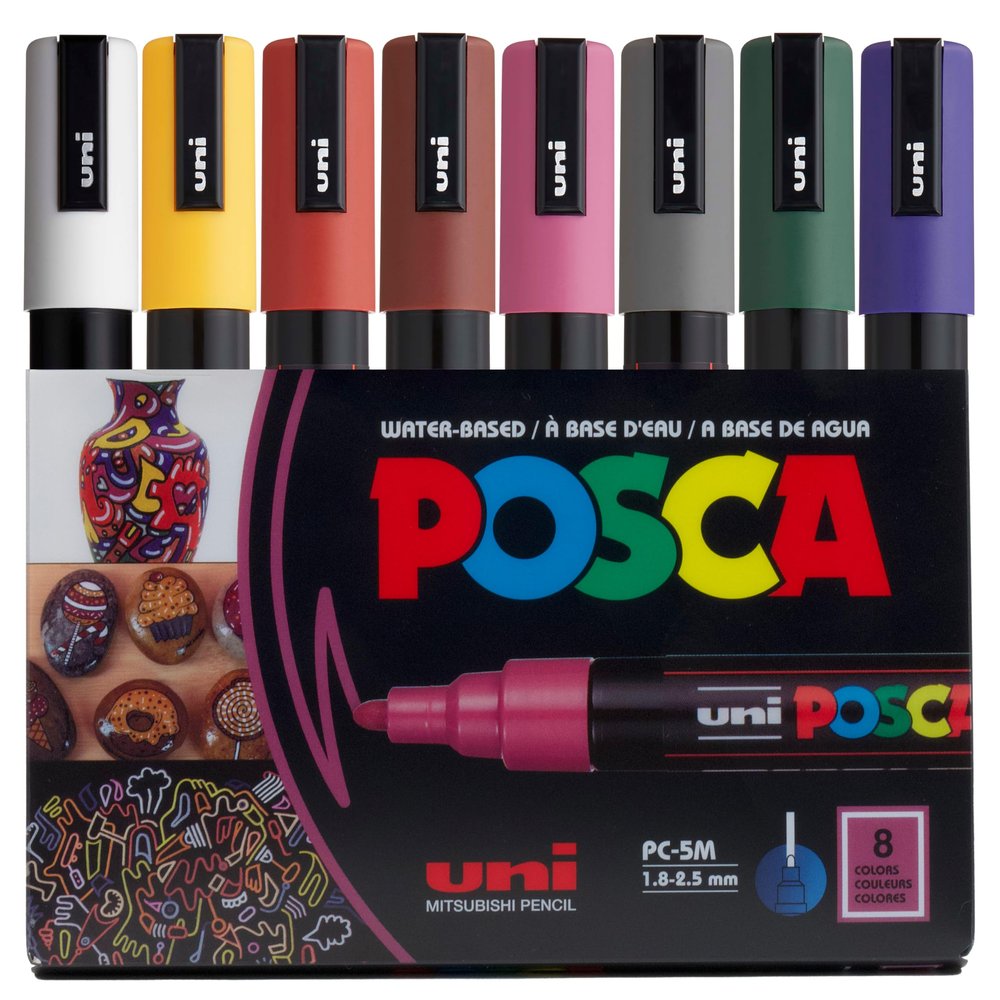 Posca Markers Set, 8 Medium Paint Markers 5M Dark Tones White, Ochre, Ruby Red, Cacao Brown, Raspberry, Deep Grey, English Green, Prussian Blue