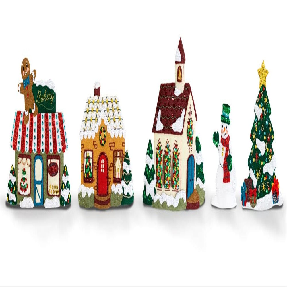 MerryStockings Mantel Series Collectible Classic Village Felt Kit DIY Christmas Village Craft with Pre-Stamped Felt, Sequins, Beads & Instructions Handmade Holiday Dcor Made in USA